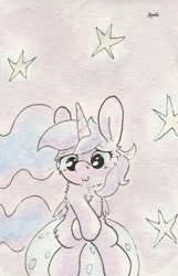 Size: 672x1046 | Tagged: safe, artist:slightlyshade, princess luna, alicorn, pony, moon, solo, tangible heavenly object, traditional art