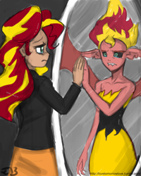 Size: 680x850 | Tagged: safe, artist:allosaurus, artist:johnjoseco, sunset satan, sunset shimmer, equestria girls, crying, mirror, reflection, solo