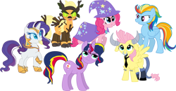 Size: 1000x519 | Tagged: safe, artist:schnuffitrunks, derpibooru import, applejack, fluttershy, iron will, lightning dust, nightmare rarity, pinkie pie, rainbow dash, rarity, sunset shimmer, trixie, twilight sparkle, earth pony, pegasus, pony, timber wolf, unicorn, antagonist, clothes, costume, mane six, nightmare night, role reversal, timber wolfified, timberjack