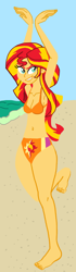 Size: 406x1442 | Tagged: safe, artist:oneovertwo, sunset shimmer, equestria girls, barefoot, beach, belly button, bikini, cleavage, clothes, feet, female, solo, swimsuit