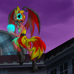 Size: 2555x2558 | Tagged: safe, artist:mindmeats, sunset satan, sunset shimmer, equestria girls, element of magic, fangs, magic, scene interpretation, solo