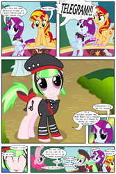 Size: 1540x2310 | Tagged: safe, artist:violetclm, drama letter, mystery mint, pinkie pie, sunset shimmer, watermelody, pony, equestria girls, background human, beret, clothes, comic, equestria girls ponified, ponified, scarf, speech bubble, tail bow, telegram