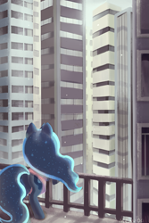 Size: 599x896 | Tagged: safe, artist:mewball, princess luna, alicorn, pony, balcony, behind, city, clothes, shirt, skyscraper, solo