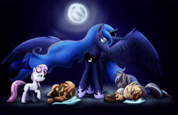 Size: 2500x1618 | Tagged: safe, artist:fox-moonglow, baby moondancer, princess luna, oc, oc:gari, oc:magpie, oc:spirit, alicorn, pony, children of the night, moon
