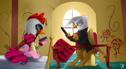 Size: 1968x1081 | Tagged: safe, artist:supermare, derpibooru import, gilda, pinkie pie, earth pony, griffon, pony, bonnie, clothes, commission, crossover, gun, hotline miami, jacket, john wick, mask, payday, payday 2, pistol, weapon