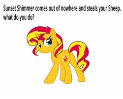 Size: 5000x4000 | Tagged: safe, sunset shimmer, pony, sheep, bronybait, meme, solo, text, what do