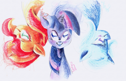 Size: 2003x1300 | Tagged: safe, artist:sellyinwonderland, sunset shimmer, trixie, twilight sparkle, pony, counterparts, magical trio, traditional art, twilight's counterparts