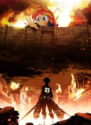 Size: 680x939 | Tagged: safe, sunset shimmer, equestria girls, equestria girls (movie), attack on titan, crossing the memes, crossover, eren jaeger, exploitable meme, memeception, parody, sunset shimmer reaching for things