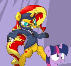 Size: 832x774 | Tagged: safe, artist:dambitail, sunset shimmer, twilight sparkle, pony, derp, spy, team fortress 2