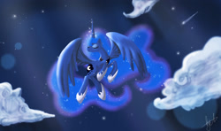 Size: 1895x1120 | Tagged: safe, artist:applealice24, princess luna, alicorn, pony, cloud, cloudy, eyes closed, flying, magic, solo