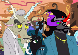 Size: 8279x5792 | Tagged: safe, artist:esprites, discord, king sombra, queen chrysalis, changeling, changeling queen, pony, unicorn, absurd resolution, goodfellas, moustache, ponified