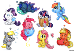 Size: 900x628 | Tagged: safe, artist:snacky-bites, applejack, derpy hooves, fluttershy, pinkie pie, princess luna, rainbow dash, rarity, twilight sparkle, twilight sparkle (alicorn), alicorn, butterfly, earth pony, pegasus, pony, unicorn, apple, balloon, book, bubble, chao, crossover, cute, diamond, eyes closed, female, mane six, mare, open mouth, pillow, reading, sleeping, sonic adventure, sonic adventure 2, sonic the hedgehog (series), traditional art