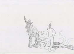 Size: 3507x2550 | Tagged: safe, artist:paskanaakka, derpibooru exclusive, mane-iac, queen chrysalis, changeling, changeling queen, monochrome, prehensile mane, shampoo, sketch, traditional art