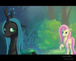 Size: 2500x2000 | Tagged: safe, artist:kallarmo, fluttershy, queen chrysalis, changeling, changeling queen, pegasus, pony, bush, detailed background, duo, duo female, female, green eyes, mare, pink mane, pink tail, raised hoof, wings, yellow coat