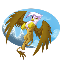 Size: 1000x1000 | Tagged: safe, artist:madmax, derpibooru import, gilda, griffon, female, flying, looking at you, simple background, solo, transparent background