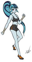 Size: 541x1033 | Tagged: safe, artist:newbluud, sonata dusk, equestria girls, belly button, clothes, colored, fit, hand wraps, martial arts, midriff, pinup, pointed breasts, ponytail, shorts, sports, sports bra, sports shorts, thighs