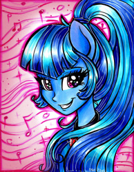 Size: 1696x2190 | Tagged: safe, artist:frostykat13, sonata dusk, equestria girls, rainbow rocks, eared humanization, grin, looking at you, music notes, ponied up, portrait, smiling, solo, traditional art, wingding eyes