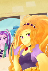 Size: 900x1314 | Tagged: safe, artist:chokico, adagio dazzle, aria blaze, sonata dusk, equestria girls, rainbow rocks, fuck you, middle finger, selfie, shy, the dazzlings, vulgar