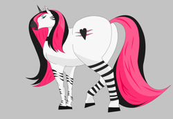 Size: 1079x741 | Tagged: safe, artist:bigboy4025, oc, oc only, oc:roxy, horse, unicorn, zebra, bedroom eyes, female, gray background, heart, horse butt, lipstick, makeup, mare, realistic, simple background, solo, the ass was fat, zebra oc