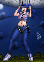 Size: 1414x2000 | Tagged: safe, artist:dakuroihoshi, princess luna, human, belly button, breasts, city, cityscape, clothes, cloud, cutie mark clothes, humanized, jeans, midriff, moon, night, pants, parachute, pink floyd, princess balloona, shirt, short shirt, skydiving, t-shirt, the ass was fat, the dark side of the moon