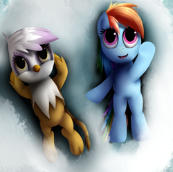 Size: 2421x2397 | Tagged: safe, artist:camyllea, derpibooru import, gilda, rainbow dash, griffon, pegasus, pony, chickub, cloud, cute, filly rainbow dash, on back, younger