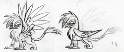 Size: 1361x576 | Tagged: safe, artist:lauren faust, derpibooru import, gilda, griffon, concept art, leak, monochrome