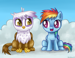 Size: 900x700 | Tagged: safe, artist:birchflame23, derpibooru import, gilda, rainbow dash, griffon, pegasus, pony, chickub, cloud, cute, filly, filly rainbow dash, sitting, younger