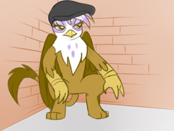 Size: 480x360 | Tagged: artist needed, safe, derpibooru import, gilda, griffon, /mlp/, brick wall, featureless crotch, flat cap, gopnik, hat, slav, solo, squatting