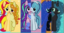 Size: 1247x640 | Tagged: safe, artist:xxsactaviaxx, adagio dazzle, aria blaze, nightmare moon, queen chrysalis, sonata dusk, sunset shimmer, changeling, changeling queen, pony, equestria girls, rainbow rocks, alternate hairstyle, the dazzlings, what my cutie mark is telling me