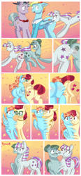 Size: 1396x3000 | Tagged: safe, artist:xjenn9fusion, bow hothoof, gentle breeze, igneous rock pie, night light, posey shy, twilight velvet, windy whistles, oc, oc:creamy clouds, oc:evening emeralds, earth pony, pegasus, pony, unicorn, comic:fusing the fusions, comic:time of the fusions, bowtie, butt, butt expansion, clothes, comic, commissioner:bigonionbean, dat butt, dialogue, dummy thicc, embarrassed, fat ass, flustered, fusion, fusion:creamy clouds, fusion:evening emeralds, growth, hat, magic, male, merge, original character do not steal, plot, potion, shirt, spread wings, stallion, swelling, the ass was fat, thicc ass, uniform, wingboner, wings, writer:bigonionbean