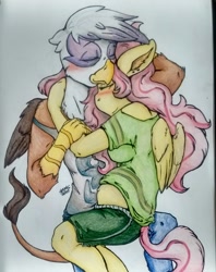 Size: 1440x1818 | Tagged: safe, artist:spark-theory, derpibooru import, fluttershy, gilda, anthro, griffon, belly button, clothes, female, gildashy, lesbian, magical lesbian spawn, off shoulder, offspring, pregnant, shipping, traditional art