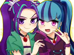 Size: 1024x768 | Tagged: safe, artist:c-minded, aria blaze, sonata dusk, equestria girls, rainbow rocks, arisona, blushing, clothes, fangs, female, human coloration, lesbian, peace sign, shipping