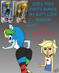 Size: 987x1215 | Tagged: safe, artist:syscod, applejack, rainbow dash, better together, equestria girls, appledash, ass, blood, butt, clothes, dialogue, doll, equestria girls minis, female, lesbian, looking at her butt, nosebleed, pants, rainbutt dash, shipping, skirt, tanktop, the ass was fat, toy