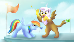 Size: 1853x1050 | Tagged: safe, artist:corwolf, derpibooru import, gilda, rainbow dash, griffon, pegasus, pony, cloud, cloudy, duo, filly, flag, younger