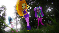 Size: 3840x2160 | Tagged: safe, artist:bastbrushie, artist:imperfectxiii, adagio dazzle, aria blaze, sonata dusk, equestria girls, rainbow rocks, arm behind head, bedroom eyes, clothes, equestria girls in real life, female, field, forest, gem, grin, looking at you, photo, pose, shadow, siren gem, smiling, the dazzlings, tree, vector
