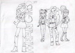 Size: 3509x2481 | Tagged: safe, artist:ed-skar, adagio dazzle, aria blaze, sonata dusk, sunset shimmer, equestria girls, crossover, lineart, mean girls, monochrome, parody, the dazzlings, traditional art