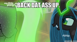 Size: 600x329 | Tagged: safe, edit, edited screencap, screencap, lord tirek, queen chrysalis, changeling, changeling queen, frenemies (episode), butt, caption, chrysirek, dat butt, female, glowing horn, horn, image macro, magic, magic aura, male, meme, plot, shipping, straight, text, the ass was fat, tirump, vulgar