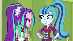 Size: 1247x708 | Tagged: safe, aria blaze, sonata dusk, equestria girls, rainbow rocks, annoyed, faic, female, gem, grin, gritted teeth, siren gem, smiling, wide eyes