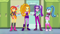 Size: 1680x947 | Tagged: safe, screencap, adagio dazzle, aria blaze, sonata dusk, sunset shimmer, equestria girls, rainbow rocks, door, female, gem, lockers, poster, siren gem, the dazzlings