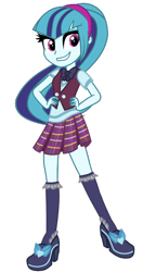 Size: 650x1228 | Tagged: safe, artist:breezyblueyt, artist:mixiepie, sonata dusk, equestria girls, friendship games, accessory swap, bowtie, clothes, clothes swap, crystal prep academy, crystal prep academy uniform, crystal prep shadowbolts, high heels, school uniform, simple background, skirt, smiling, socks, solo, transparent background, when she smiles