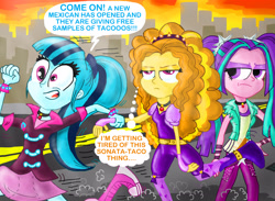 Size: 2080x1525 | Tagged: safe, artist:seriousdog, adagio dazzle, aria blaze, sonata dusk, equestria girls, rainbow rocks, mexican, mexico, new mexico, running, sonataco, taco, the dazzlings