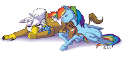 Size: 1552x738 | Tagged: safe, artist:carnivorouscaribou, derpibooru import, gilda, rainbow dash, oc, oc:gren, oc:rainbow feather, classical hippogriff, griffon, hippogriff, pegasus, pony, baby, bedroom eyes, brother and sister, curious, cute, family, female, fluffy, gildash, interspecies, interspecies offspring, lesbian, magical lesbian spawn, male, newborn, offspring, parent:gilda, parent:rainbow dash, parents:gildash, prone, shipping, siblings, smiling, wide eyes, wink
