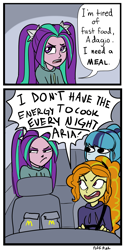 Size: 1000x2000 | Tagged: safe, artist:puffpink, adagio dazzle, aria blaze, sonata dusk, equestria girls, 2 panel comic, angry, car, car interior, clothes, comic, dialogue, driving, female, mamadagio, mcdonald's, open mouth, speech bubble, sweatshirt, the dazzlings, unamused, yelling