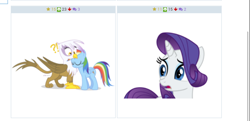 Size: 800x387 | Tagged: safe, derpibooru import, gilda, rainbow dash, rarity, griffon, pegasus, pony, unicorn, derpibooru, female, gildash, interspecies, juxtaposition, lesbian, meta, shipping