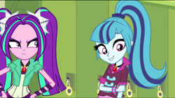 Size: 1680x949 | Tagged: safe, screencap, aria blaze, sonata dusk, equestria girls, rainbow rocks, cute, cute face, female, gem, holding arms, siren gem, sonatabetes