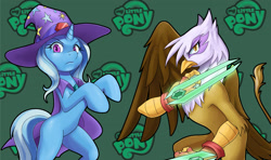 Size: 3495x2076 | Tagged: safe, artist:nauth, derpibooru import, gilda, trixie, griffon, pony, unicorn, cape, clothes, commission, dual wield, duo, female, hat, mare, weapon, wizard hat