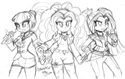 Size: 1500x953 | Tagged: safe, artist:danmakuman, adagio dazzle, aria blaze, sonata dusk, equestria girls, rainbow rocks, grayscale, monochrome