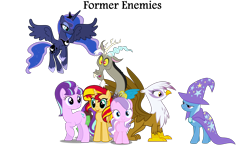 Size: 2724x1706 | Tagged: safe, artist:nukarulesthehouse1, derpibooru import, diamond tiara, discord, gilda, princess luna, starlight glimmer, sunset shimmer, trixie, alicorn, griffon, pony, the cutie re-mark, group