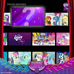 Size: 1080x1080 | Tagged: safe, derpibooru import, applejack, bon bon, dj pon-3, fluttershy, gilda, lyra heartstrings, octavia melody, pinkie pie, rainbow dash, rarity, spike, sunset shimmer, sweetie drops, twilight sparkle, vinyl scratch, griffon, equestria girls, friendship games, rainbow rocks, the lost treasure of griffonstone, mane six, mane six opening poses, my little pony logo, official, teaser