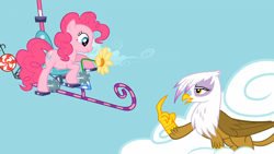 Size: 1366x768 | Tagged: safe, derpibooru import, screencap, gilda, pinkie pie, earth pony, griffon, pony, griffon the brush off, flying contraption, helicopter